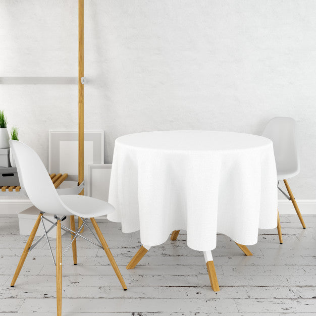 Round Dining Table Mockup With A White Cloth And Modern Chairs Psd