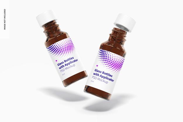 Round Glass Bottles With Applicator Rod Mockup, Falling Psd