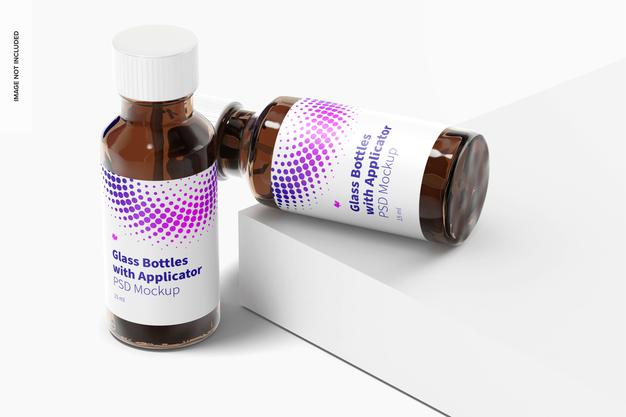 Round Glass Bottles With Applicator Rod Mockup, Perspective Psd