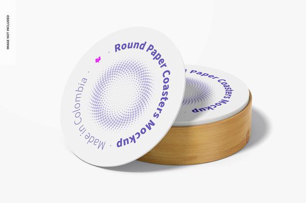 Round Paper Coasters Mockup, Perspective Psd