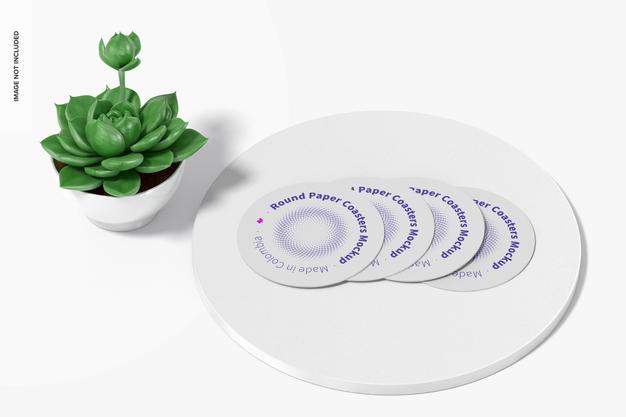 Round Paper Coasters With Pot Plan Mockup Psd