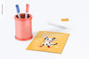 Round Pen Holder With Greeting Card Mockup, Front View Psd
