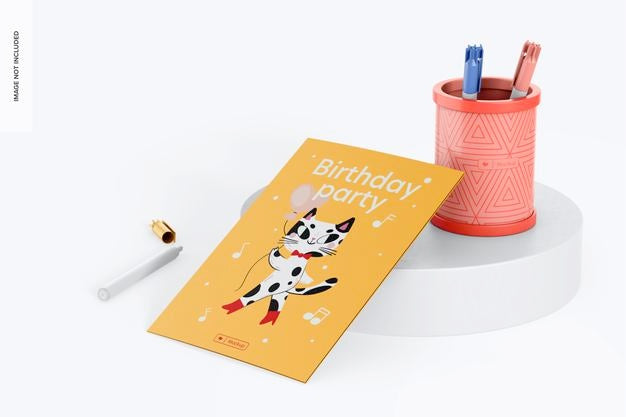 Round Pen Holder With Greeting Card Mockup, Perspective Psd
