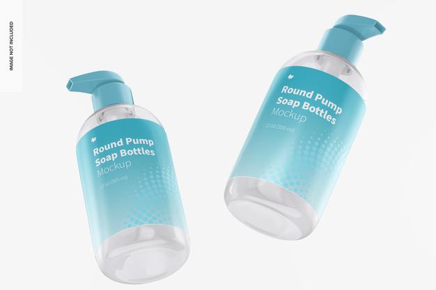 Round Pump Soap Bottles Mockup, Floating Psd