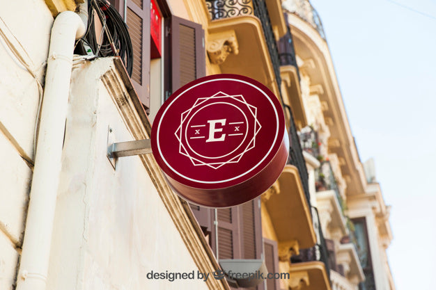 Round Red Shop Sign Mockup Psd