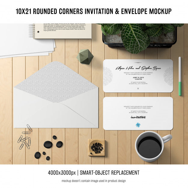 Rounded Corners Invitation And Envelope Mockup Psd