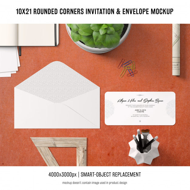 Rounded Corners Invitation And Envelope Mockup Psd