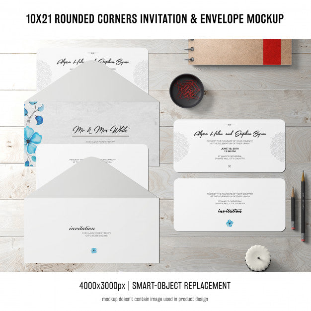 Rounded Corners Invitation And Envelope Mockup Psd