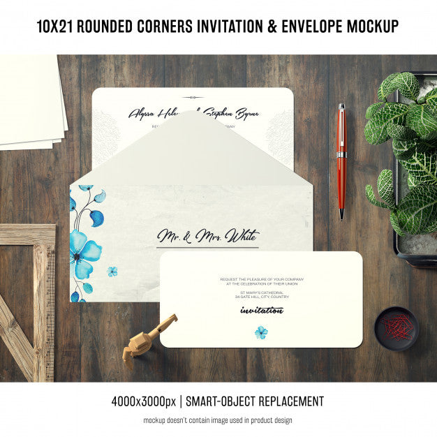 Rounded Corners Invitation And Envelope Mockup Psd