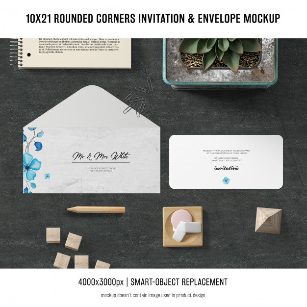 Rounded Corners Invitation And Envelope Mockup Psd