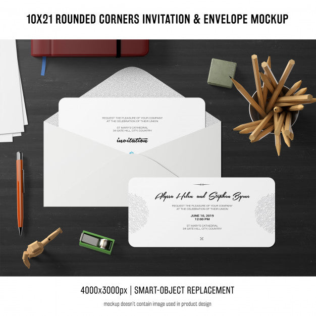 Rounded Corners Invitation And Envelope Mockup Psd