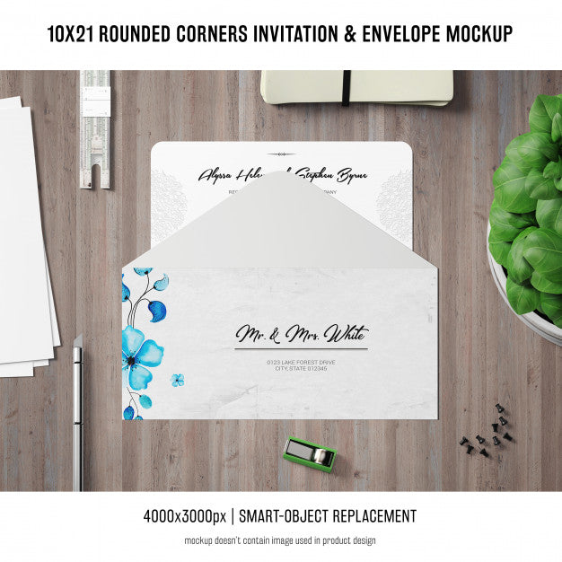 Rounded Corners Invitation And Envelope Mockup Psd