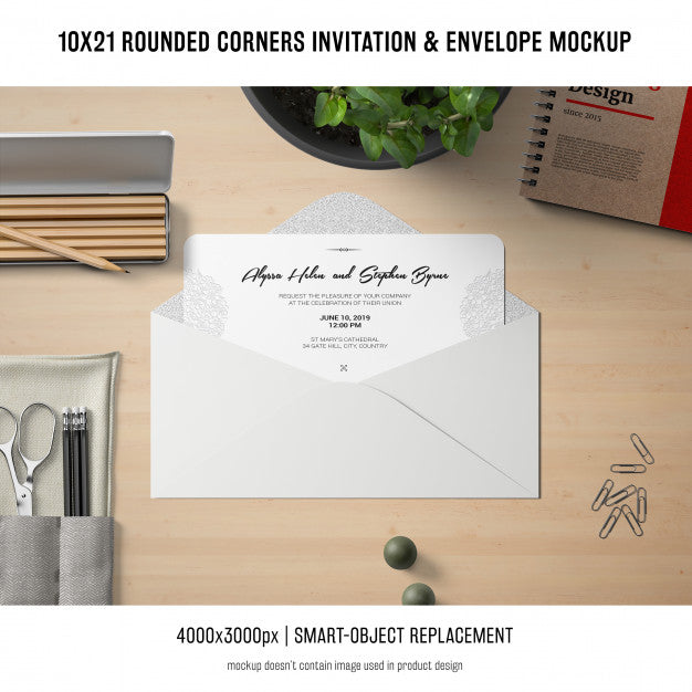 Rounded Corners Invitation And Envelope Mockup Psd