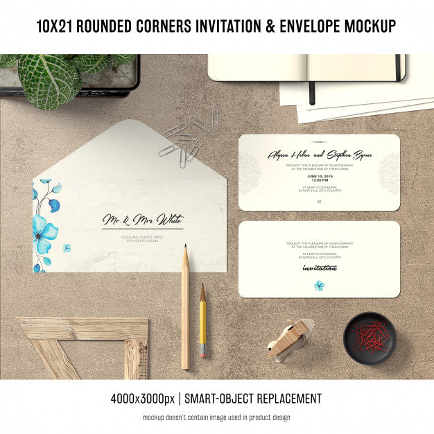 Rounded Corners Invitation And Envelope Mockup Psd