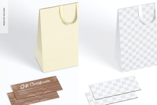 Rustic Gift Certificates With Bag Mockup, Perspective Psd