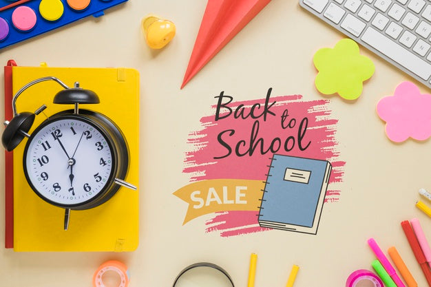 Sale For Back To School Items With Clock Psd