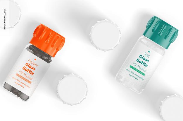Salt And Pepper Glass Bottles Mockup, Top View 02 Psd