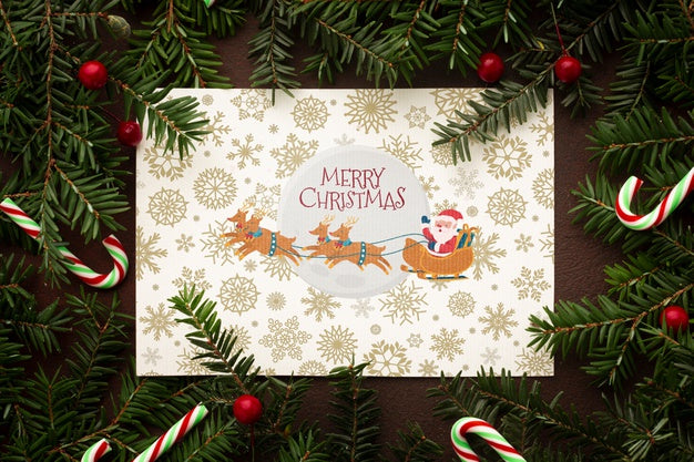 Santa And His Reindeer On Christmas Pine Leaves Psd