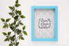 Save The Date Mock-Up Blue Frame And Plant Psd