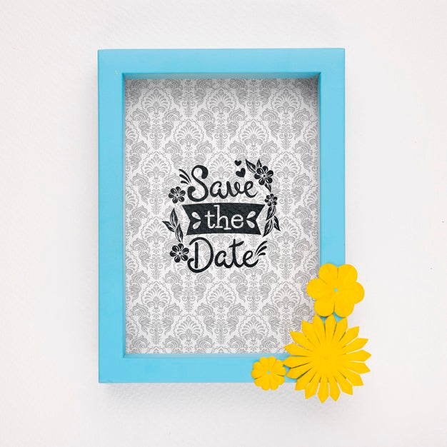 Save The Date Mock-Up Blue Frame With Yellow Flowers Psd