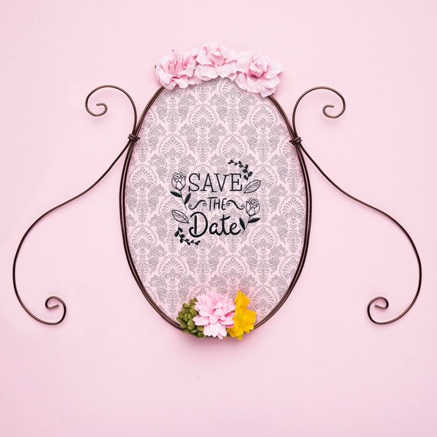 Save The Date Mock-Up Classic Frame With Colourful Flowers Psd