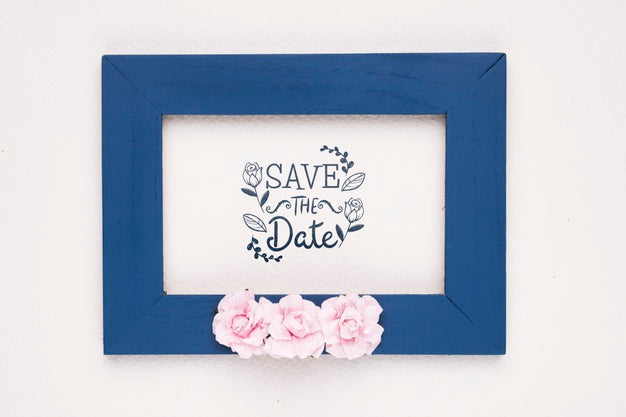 Save The Date Mock-Up Dark Blue Frame And Roses Psd