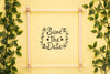 Save The Date Mock-Up Frame With Small Branches With Leaves Psd