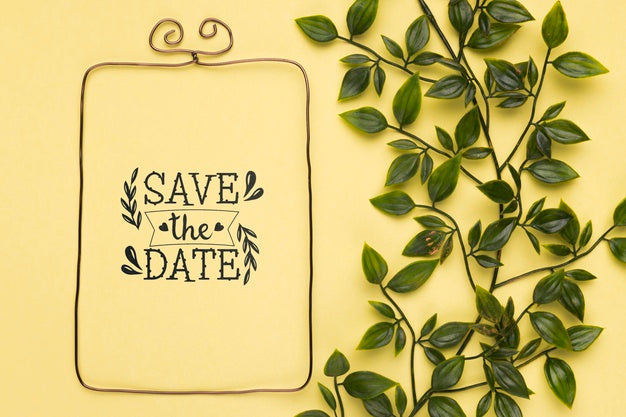 Save The Date Mock-Up Minimalist Frame And Leaves Psd