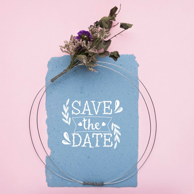 Save The Date Mock-Up On Blue Paper And Dried Flowers Psd