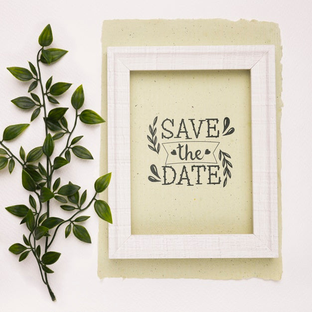 Save The Date Mock-Up Picture Frame And Leaves Psd