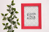Save The Date Mock-Up Red Frame And Plant Psd