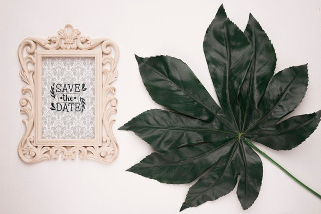 Save The Date Mock-Up Vintage Frame And Leaf Psd