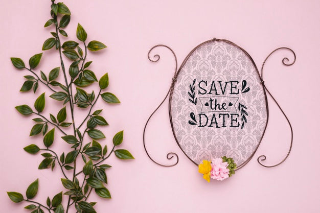 Save The Date Mock-Up Vintage Frame With Flowers And Leaves Psd