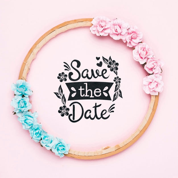 Save The Date Mock-Up With Blue And Pink Roses Psd