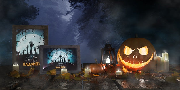 Scary Pumpkin Next To Framed Horror Movie Posters Psd