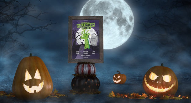 Scary Pumpkins With Horror Movie Poster Mock-Up Psd