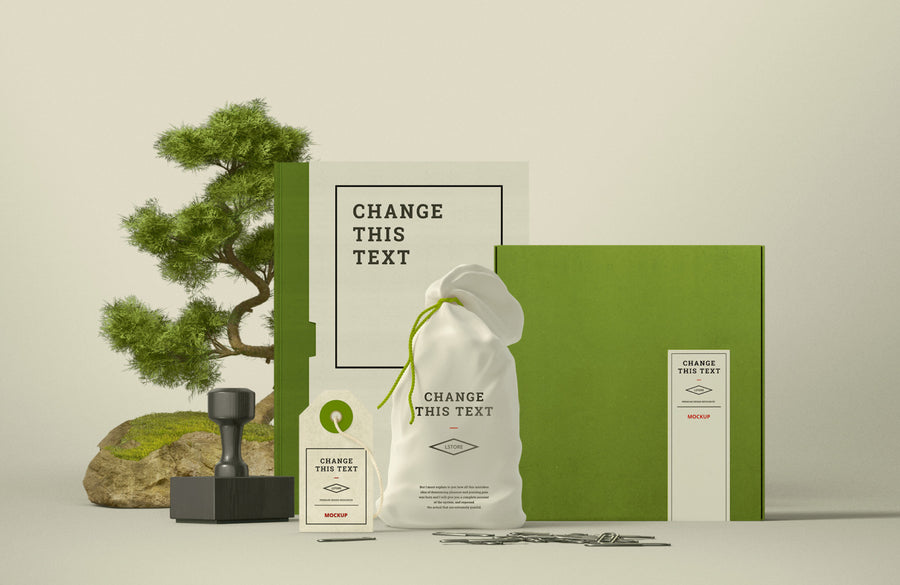 Branding Mockups Book, Tag, and Box in One Scne