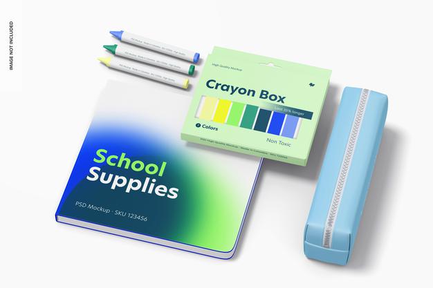School Supplies Mockup, Floating Psd