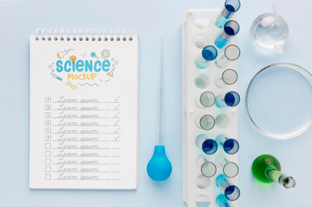 Science Elements Arrangement With Notepad Mock-Up Psd
