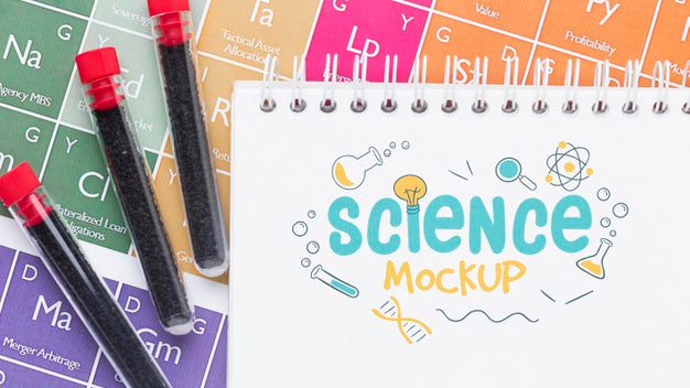 Science Elements Arrangement With Notepad Mock-Up Psd