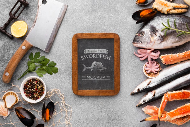 Sea Food Assortment With Blackboard Mock-Up Psd