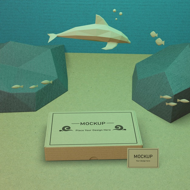 Sea Life And Cardboard Box Underwater With Mock-Up Psd
