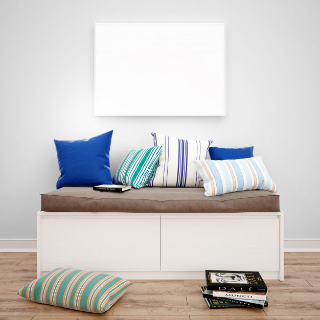 Seat Chest Of Drawers With Cushions And Photo Frame Mockup, Interior Design Ideas Psd