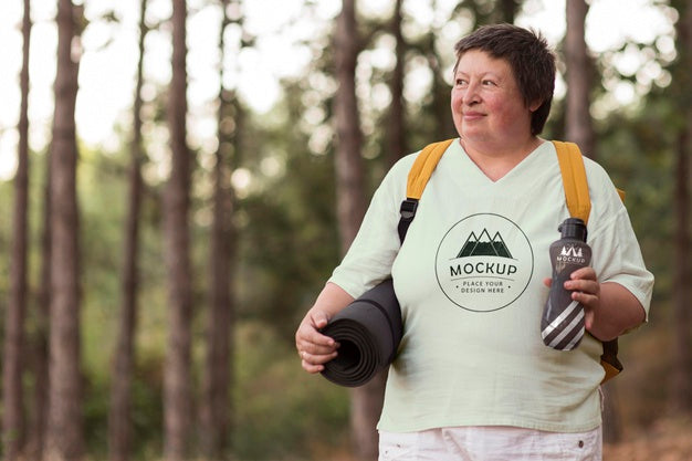 Senior Woman At Camping With A Mock-Up T-Shirt Psd