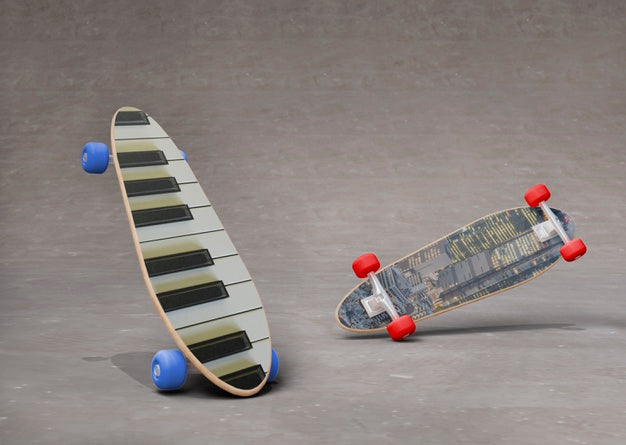 Set Of Mock-Up Skateboards With Designs Psd