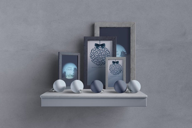 Shelf With Frame Collection And Globes Psd