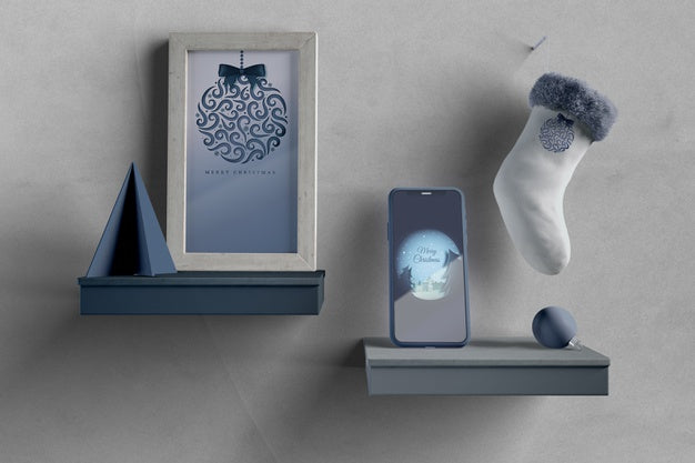 Shelfs With Painting And Phone Mock-Up Psd