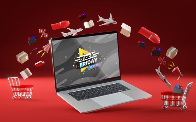 Shopping Cards And Items On Sale Red Background Psd