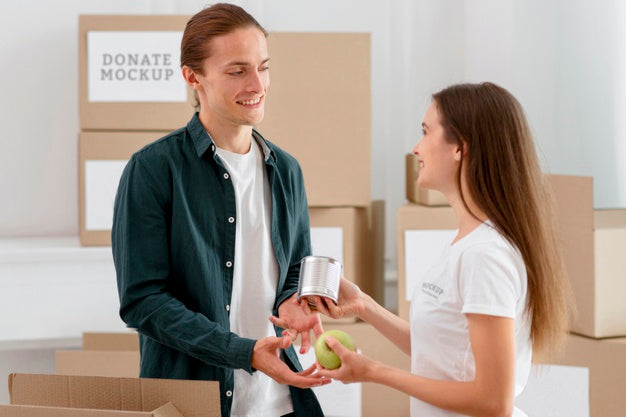 Side View Of Female Volunteer Handing Out Provisions To Man Psd