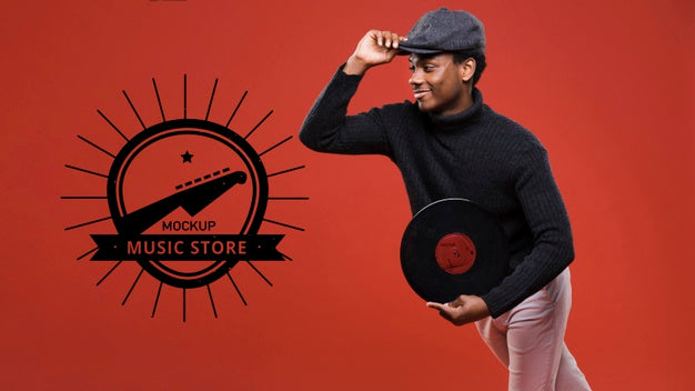 Side View Of Man Holding Vinyl Disk For Music Store Mock-Up Psd